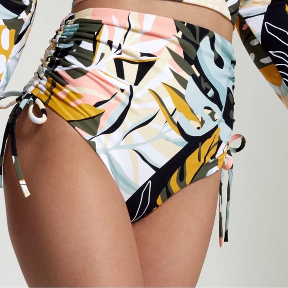 NWT CALIA Women's Ruched Side Tie High Rise Swim Bottoms - Multi Palm SZ Medium